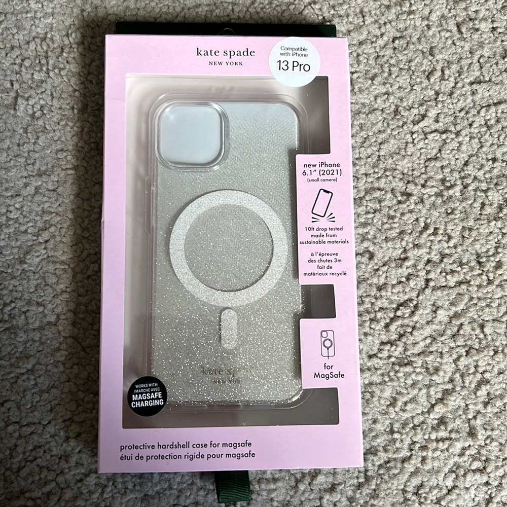NWT - Kate Spade iPhone 13 pro MagSafe clear glitter case (small camera)